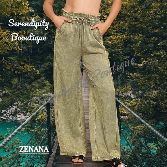 Oversized Loose Fit Wide Leg Mineral Wash Sustainable Tencel Elastic Waist Pants - Picture 1 of 7